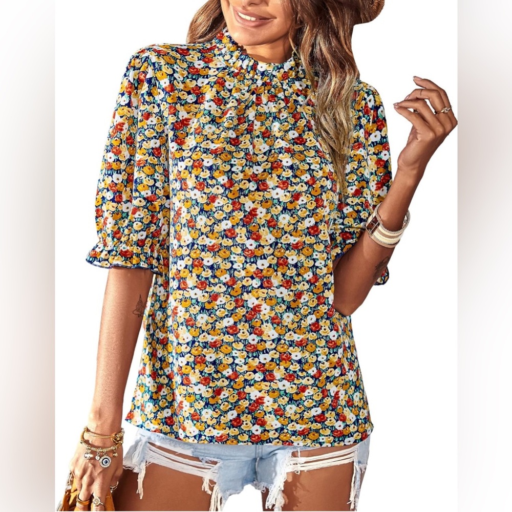 Boho Shirt Top Ruffle Short Sleeve Frill Trim Mock Neck Floral Solid 2024 Casual